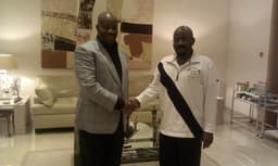 AKPABIO VISITS JIM OVIA: Governor Godswill Akpabio of Akwa Ibom State yesterday, June 25, 2013, paid a courtesy visit to business mogul Chief Jim Ovia in his Ikoyi, Lagos, residence. Photo shows Ovia (right) warmly welcoming the Governor.
