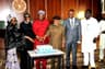 L-R: Minister of State Budget and National Planning Zainab Ahmed; Minister of Information and Culture All. Lai Mohammed; Publisher Frontiersnews Mr. Horatius Egua; Minister of Labour and Employment Dr Chris Ngige; Minister of Petroleum Resources Dr. Ibe Kachikwu and Special Adviser (SA) Media and Publicity to President Muhammadu Buhari, Mr Femi Adesina during the cutting of the 50th birthday celebration of Mr. Egua, at the Presidential Villa,  Abuja, on Wednesday.
