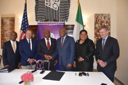 L - R: Country Director, Boeing West Africa, Mr. Lawrence Tolliver, US Consul General, Mr. John Bray, Chairman, Air Peace, Barrister Allen Onyema, MD/CEO,Fidelity Bank Plc, Mr. Nnamdi Okonkwo, Executive Director, Lagos & South West, Fidelity Bank, Mrs. Nneka Onyeali-Ikpe, and Director Boeing, Mr. John Fonvielle, during the agreement signing ceremony for the purchase of new 10 Boeing 737 Max B aircrafts by Air Peace, at the US Consulate in Lagos . . . on Thursday, Sept. 13, 2018.