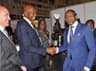 L-R: Shellâ€™s Vice President, Nigeria and Gabon, Peter Costello; and Country Chair, Shell Companies in Nigeria and Managing Director, Shell Petroleum Development Company, Osagie Okunbor, both receiving the Minister of State for Petroleum Resources, Dr. Ibe Kachikwu, at the Shell exhibition stand on Monday at the opening session of the 2018 Nigeria International Petroleum Summit in Abuja.