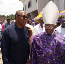 Fmr. Gov. of Anambra State, Mr. Peter Obi (left), with Francis Cardinal Arinze after the requiem mass for Chief Casmir Okeke at Blessed Iwene Tansi Catholic Church, Umudioka, Anambra State, on Thursday, Sept. 20, 2019. 