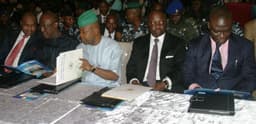 From right: Senator Ike Ekweremadu, Deputy Senate President, Governor Emmanuel Uduaghan of Delta State, Hon. Emeka Ihedioha, Deputy Speaker, House of Representatives, Mr. Olisa Metuh, PDP National Publicity Secretary, and Hon. Victor Ochie, Speaker, Delta State House of Assembly, during the Delta State House of Assembly 2nd Anniversary Public Lecture marking its 5th Assembly held in Friday, June 14, 2013 in Asaba.