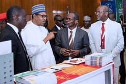 Chairman, Nigeria Economic Summit Group, Asue Ighodalo; President Muhammed Buhari; Commercial Integration Manager, Shell Nigeria, Taaj Shobayo; and Shell Nigeriaâ€™s General Manager, Business and Government Relations, Bashir Bello, during the visit of the President to the exhibition booth of Shell companies in Nigeria at the opening session of the 25th Nigeria Economic Summit in Abuja â€¦ on Monday, October 7, 2019.