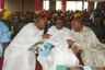 Governor David Umahi of Ebonyi State (centre); President of the Senate Bukola Saraki (right); and Senate Minority Leader, Godswill Akpabio, at a thanksgiving service by Senator Obinna Ogba at CKC, Nkalagu in Ebonyi State on February 7, 2016,

