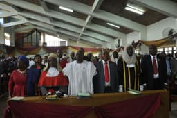 L-R: Ogun State Deputy Governor, Chief (Mrs.) Yetunde Onanuga, state's Chief Judge, Justice Olatokunbo Olopade, Speaker, Ogun State House of Assembly, Rt. Hon. Suraj Ishola Adekunbi, Secretary to the State Government, Barr. Taiwo Adeoluwa, Attorney General and Commissioner for Justice, Dr. Olumide Ayeni and the Head of Service, Elder Olusola Adeyemi at the special church service ushering in the 2016/2017 Legal Year in Abeokuta...yesterday


