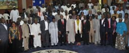 Founder, The Tony Elumelu Foundation and Chairman of Heirs Holdings, Mr. Tony Elumelu flanked by Acting Director -General National Institute for Policy and Strategic Studies, Mr. Jonathan Mela Juma, Executive Director, North, UBA Plc, Mr Ibrahim Puri and other senior management members of NIPSS and UBA with course participants of the Institute  Direct where Elumelu delivered a paper titled: Entrepreneurship, Corporate Social Responsibility and Africapitalism: The Role of the Private Sector in Fighting Poverty in Nigeria at the Institute, Kuru , Plateau State  on Tuesday, Aug. 23, 2016.