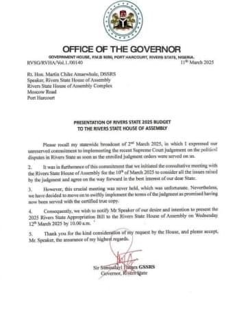 Fubara’s letter to Rivers Assembly on budget presentation leaks