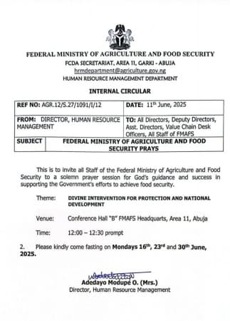 Food security: Federal Ministry of Agriculture holds pray session for divine intervention
