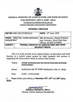 Food security: Federal Ministry of Agriculture holds pray session for divine intervention