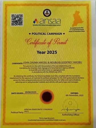 Anambra 2025 Guber: ADC candidate Nwosu beats APGA, pays mandatory N50m for political campaigns, billboard adverts, others