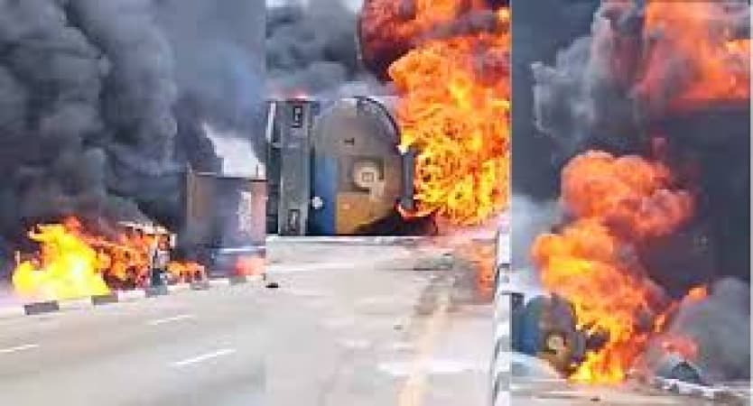 Two reportedly injured as tanker goes up in flames at Iyana Isolo