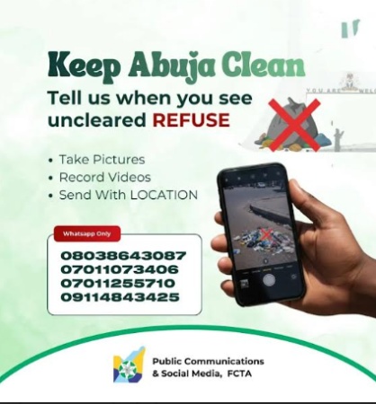 FCTA releases hotlines for residents to report uncleared filth