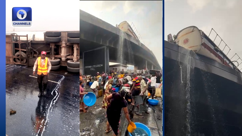 Residents scoop diesel as tanker falls on Liverpool bridge in Apapa