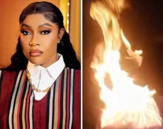Angela Okorie sparks reactions, burns outfit she wore to Alex Ekubo’s burial